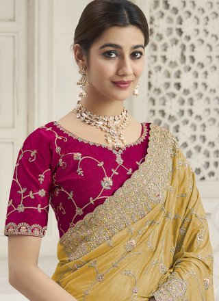Yellow Georgette Contemporary Saree with Cord, Embroidered, Hand, Thread, Zari and Zircon Work
