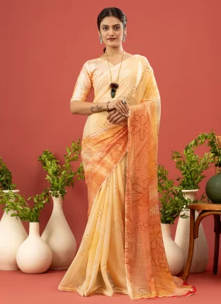 Yellow Georgette Contemporary Saree with Digital Print Work