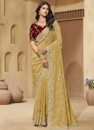 Yellow Georgette Cord, Diamond and Thread Work Contemporary Saree
