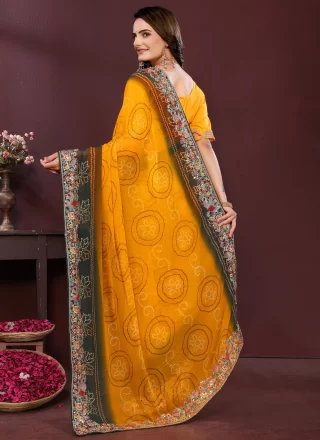 Yellow Georgette Digital Print and Embroidered Work Traditional Saree