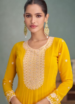 Yellow Georgette Embroidered and Sequins Work  Designer Gown