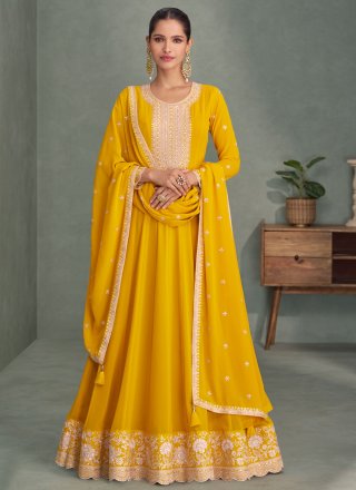 Yellow Georgette Embroidered and Sequins Work  Designer Gown