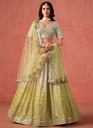 Yellow Georgette Embroidered, Sequins and Zari Work A - Line Lehenga Choli for Ceremonial
