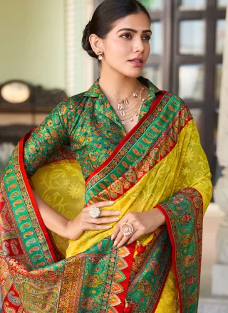 Yellow Georgette Foil Print and Lucknowi Work Work Classic Saree for Women