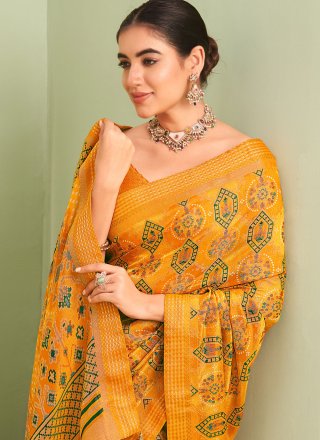 Yellow Georgette Paisley Print Work Contemporary Sari for Ceremonial