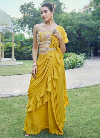 Yellow Georgette Plain Work Lehenga Style Saree
