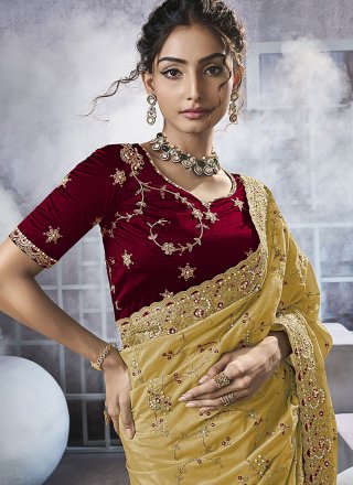 Yellow Georgette Trendy Saree with Beads, Cord, Cut, Embroidered and Thread Work for Ceremonial