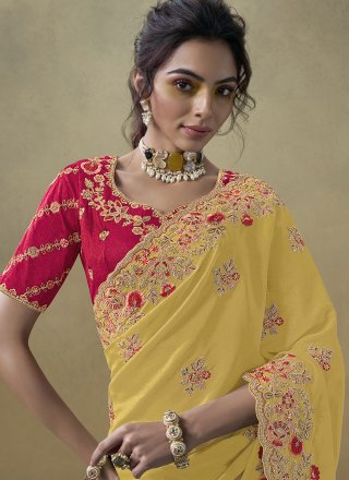 Yellow Georgette Trendy Saree with Cord, Diamond, Embroidered, Thread and Zari Work