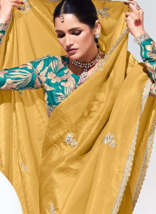 Yellow Glass Tissue Booti, Embroidered, Sequins, Thread and Zari Work Contemporary Sari