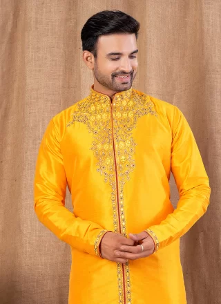 Yellow Jacquard Buttons Work Indo Western for Ceremonial