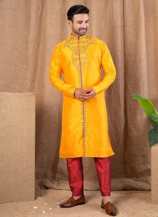 Yellow Jacquard Buttons Work Indo Western for Ceremonial
