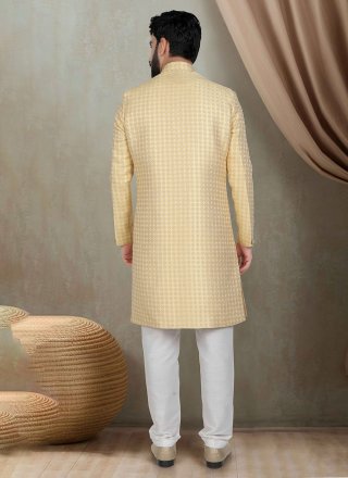 Yellow Jacquard Buttons Work Indo Western