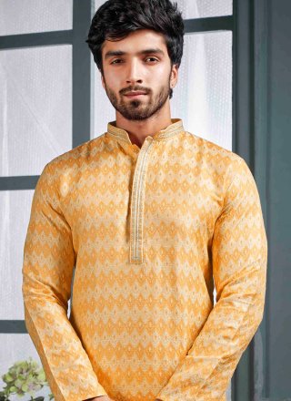 Yellow Jacquard Jacquard Work Kurta Pyjama for Ceremonial