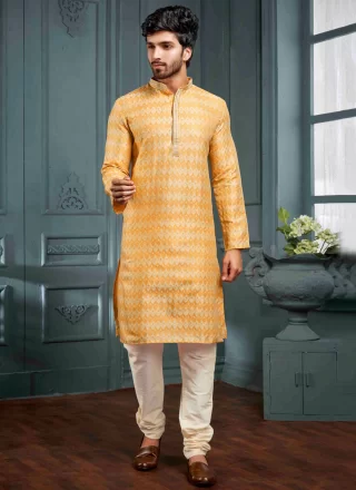 Yellow Jacquard Jacquard Work Kurta Pyjama for Ceremonial