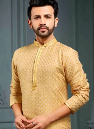 Yellow Jacquard Kurta Pyjama with Jacquard Work
