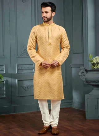Yellow Jacquard Kurta Pyjama with Jacquard Work