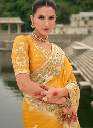 Yellow Jacquard Traditional Saree with Embroidered, Khatli, Sequins, Stone, Weaving and Zari Work for Engagement