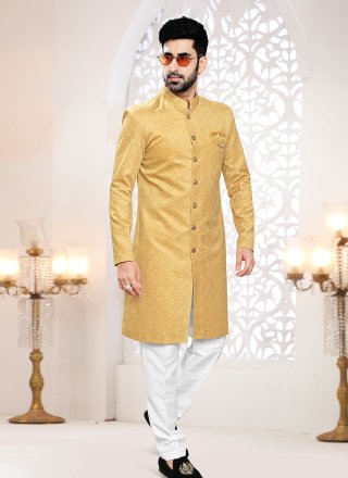 Yellow Jacquard Woven Work Indo Western for Ceremonial
