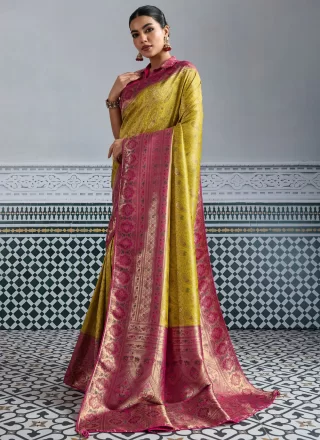 Yellow Kanjivaram Silk Contemporary Saree with Jaal, Meenakari, Woven and Zari Work for Ceremonial