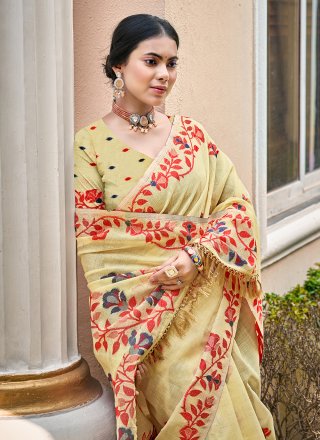 Yellow Kanjivaram Silk Embroidered and Thread Work Classic Saree for Casual