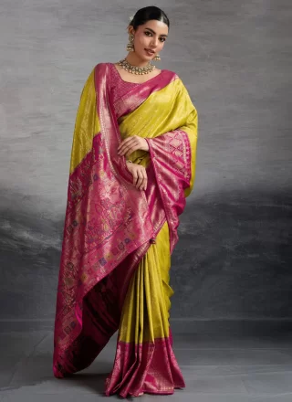 Yellow Kanjivaram Silk Weaving Work Trendy Saree for Ceremonial