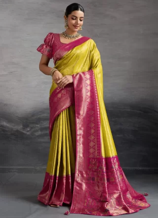 Yellow Kanjivaram Silk Weaving Work Trendy Saree for Ceremonial