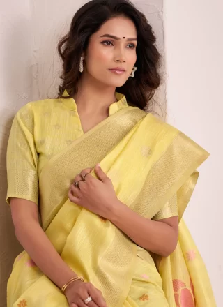 Yellow Linen Classic Sari with Jacquard Work