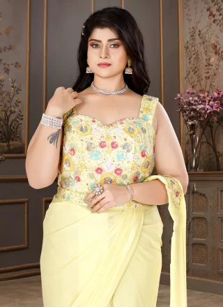 Yellow Lycra Trendy Saree with Embroidered Work for Women