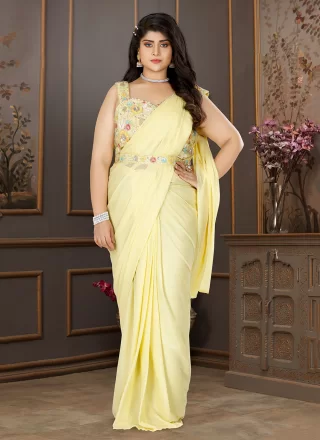 Yellow Lycra Trendy Saree with Embroidered Work for Women