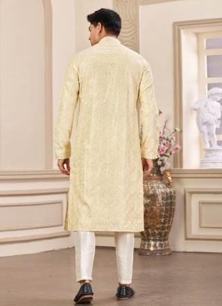 Yellow Machine Embroidery Work Art Silk Kurta Pyjama