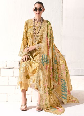 Yellow Muslin Digital Print, Embroidered, Patch Border and Resham Work Pant Style Suit for Women