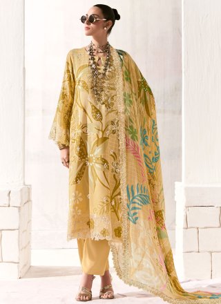 Yellow Muslin Digital Print, Embroidered, Patch Border and Resham Work Pant Style Suit for Women