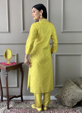 Yellow Muslin Print Work Salwar Suit