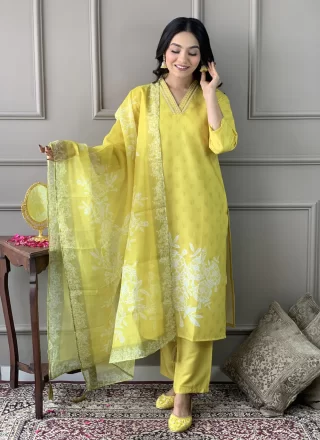 Yellow Muslin Print Work Salwar Suit