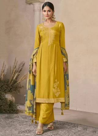 Yellow Muslin Salwar Suit with Embroidered Work