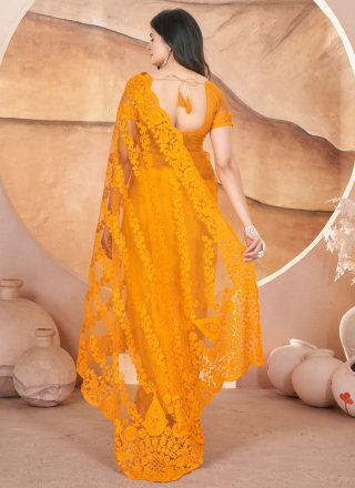Yellow Net Designer Sari with Aari, Embroidered and Stone Work