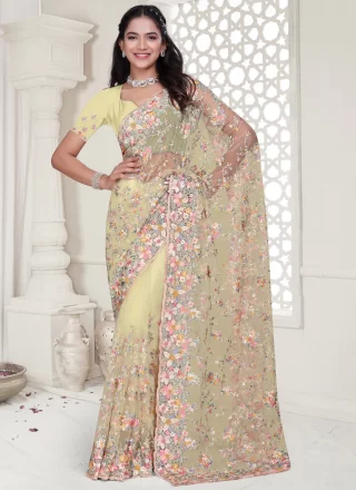 Yellow Net Trendy Saree with Cut, Embroidered, Resham, Stone and Zircon Work