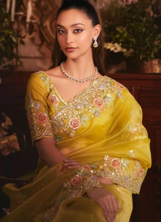 Yellow Organza Contemporary Saree with Patch Border, Cut, Embroidered, Sequins and Zari Work