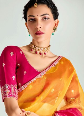 Yellow Organza Patch Border, Embroidered and Zari Work Classic Saree for Ceremonial