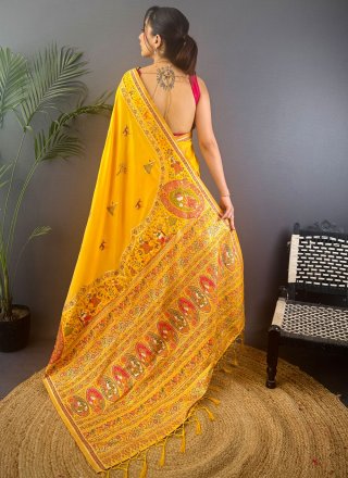 Yellow Pashmina Weaving Work Classic Sari for Mehndi