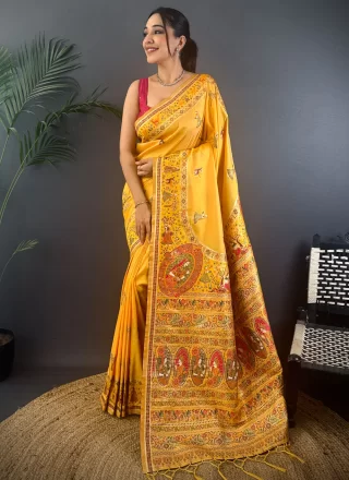 Yellow Pashmina Weaving Work Classic Sari for Mehndi