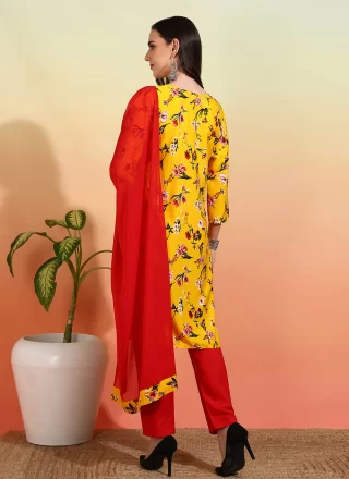 Yellow Print Work Pure Crepe Pant Style Suit