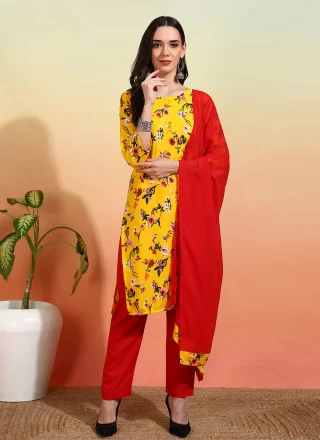 Yellow Print Work Pure Crepe Pant Style Suit