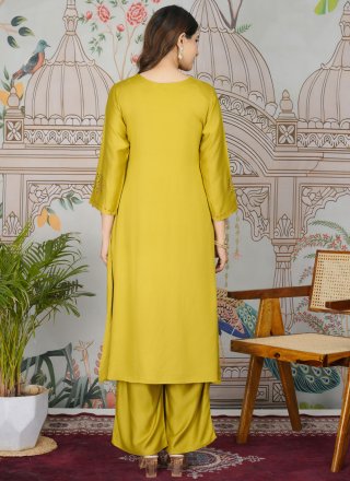 Yellow Print Work Silk Designer Kurti