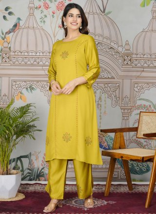 Yellow Print Work Silk Designer Kurti