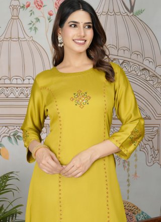 Yellow Print Work Silk Designer Kurti