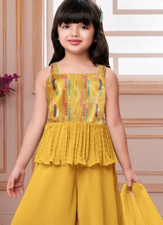 Yellow Pure Crepe Palazzo Salwar Suit with Sequins and Thread Work for Kid
