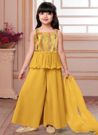 Yellow Pure Crepe Palazzo Salwar Suit with Sequins and Thread Work for Kid