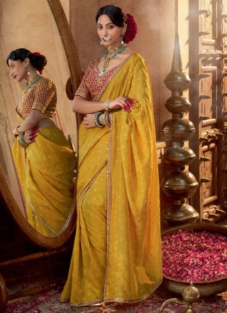 Yellow Pure Crepe Patch Border, Booti, Lace and Zari Work Classic Saree for Ceremonial
