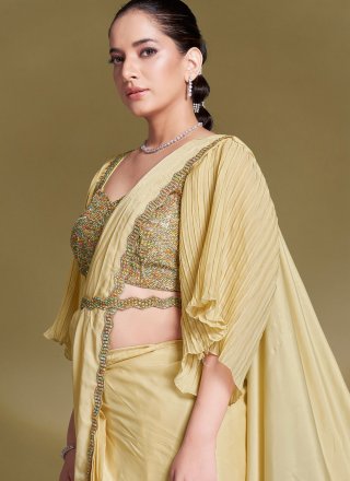 Yellow Pure Crepe Ruffle Saree with Patch Border and Lace Work